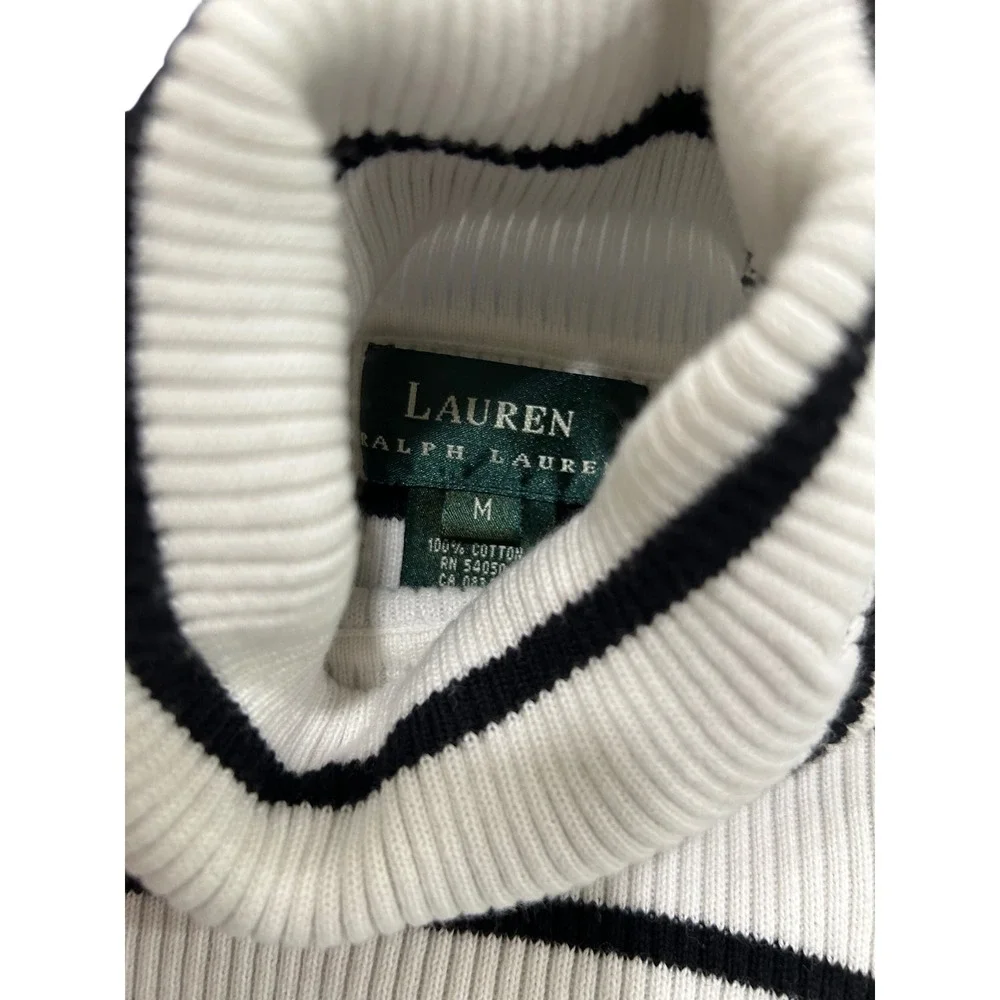 Lauren Ralph Lauren White Navy Striped Ribbed Short Sleeve Turtleneck Sweater - Picture 3 of 3
